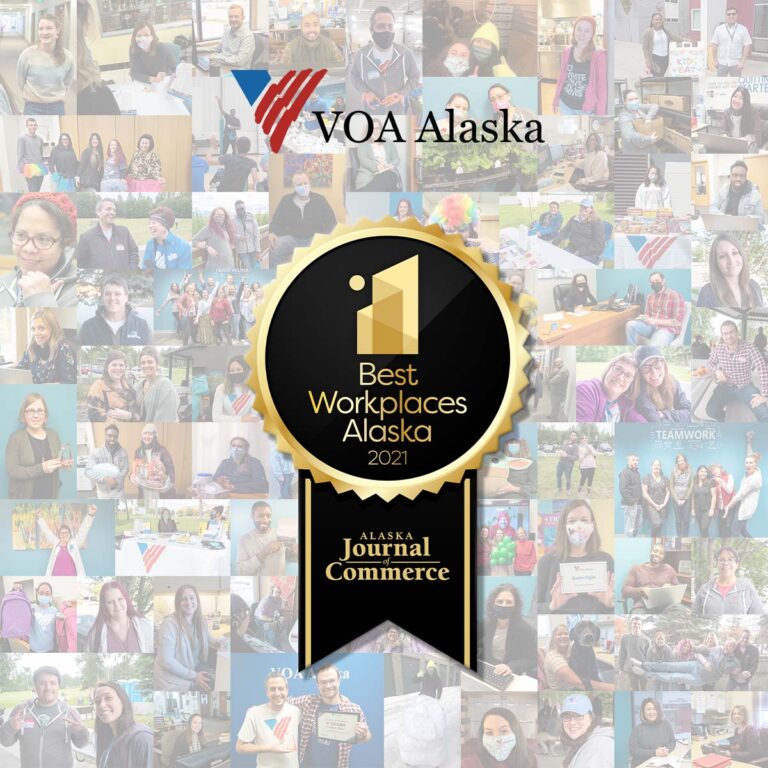 Collage of photos of staff, overlaid with the VOA Alaska and a certificate for "Best Workplaces Alaska 2021"