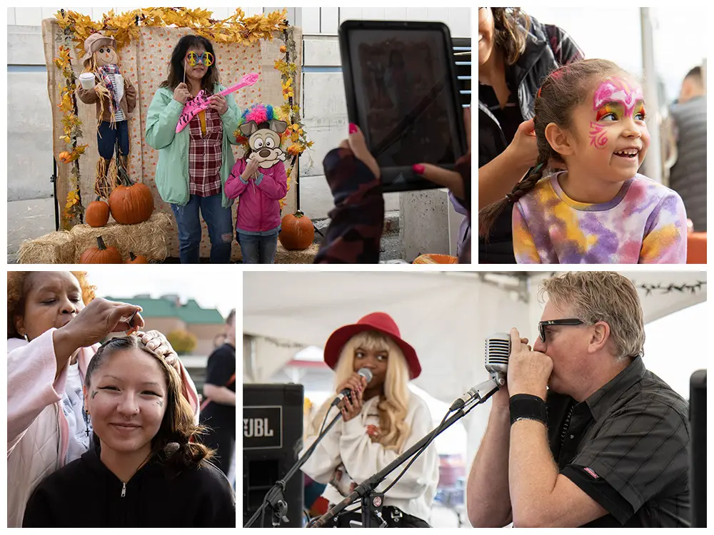 Collage of four photos of guests at the Fall Festival featuring a photobooth, face painting, hair braiding, and musicians