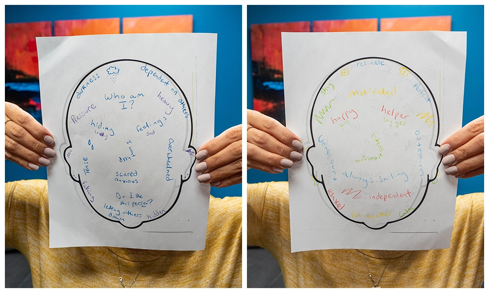 Side-by-side image to person holding a drawing of the outline of a head with words written on each side.