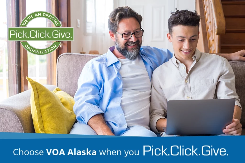 Graphic feature father and son on couch with laptop. Text read: Choose VOA Alaska when you Pick.Click.Give