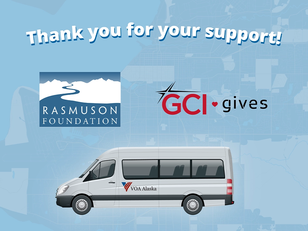 Graphic with text reading "thank you for your support" with the Rasmuson logo and GCI Give logo, along with a depiction of a van with the VOA Alaska logo on the side.