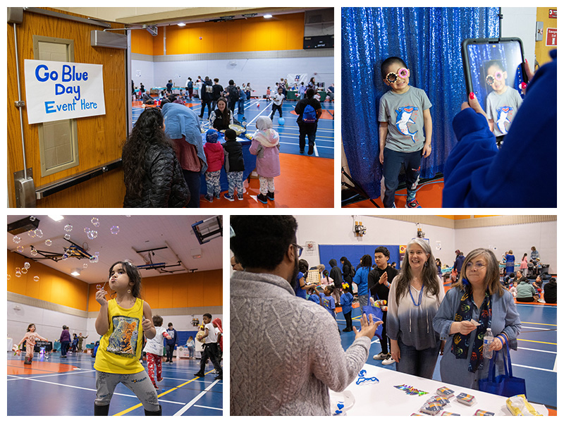 Four photo collage. One photo has a Go BLue Day Event Here sign at the gym doorway, one is a child smiling into a camera wearing giant glasses, a child blowing bubbles, and two adults speaking with a staff at the VOA table.