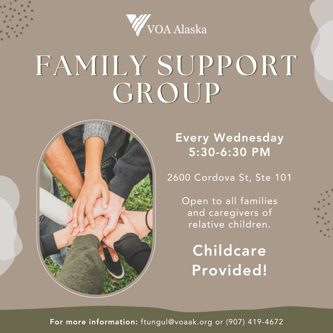 Flyer for Family Support Group with an close up image of people's hands on top of each other in a circle.