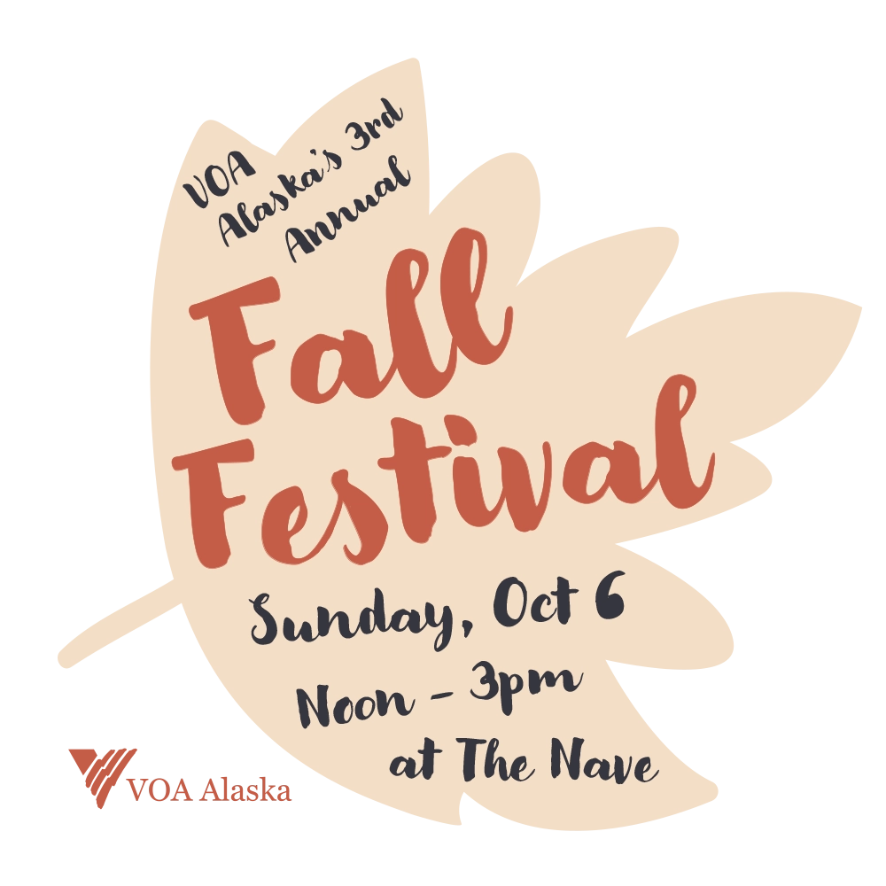 Outline of a leaf with giant cursive red text reading "Fall Festival" with black text around it with VOA Alaska's 3rd annual, Sunday Oct 6, Noon-3pm, at the Nave