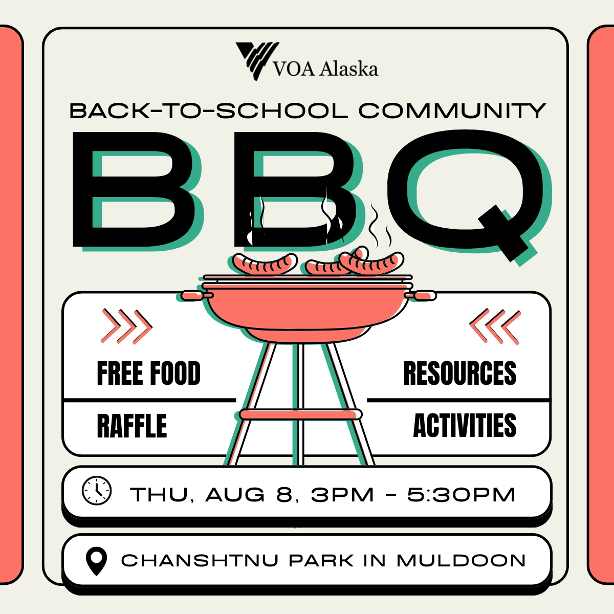 Flyer for VOA Alaska's Back-to-School Community BBQ on Thursday, August 8
